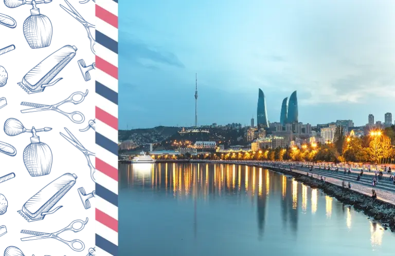 Mavi alacakaranlık gökyüzü altında aydınlatılmış sahil bulvarı, Hazar Denizi yansımaları ve modern Alev Kuleleri ile Baku şehir silüetinin akşam panoramik manzarası.